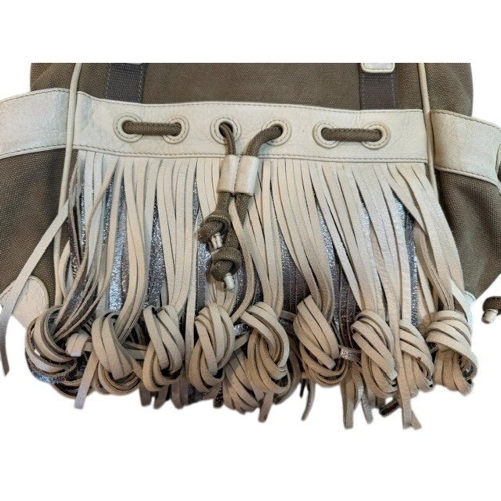 Katherine Kwei Olive Canvas‎ Leather Fringe Tote Bag Boho Knotted Shoulder Purse - Picture 4 of 10